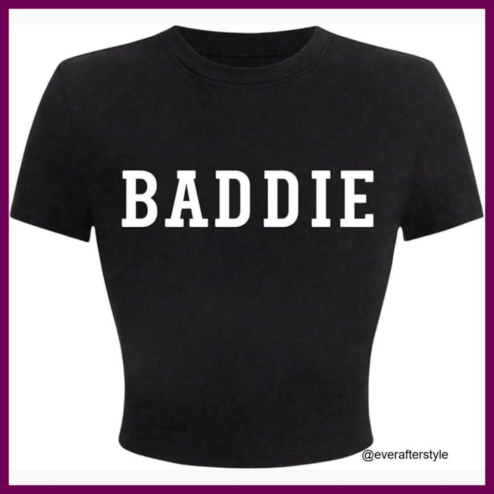 Polyester Elastane Stretch Letter Print Crew Neck… - image 1